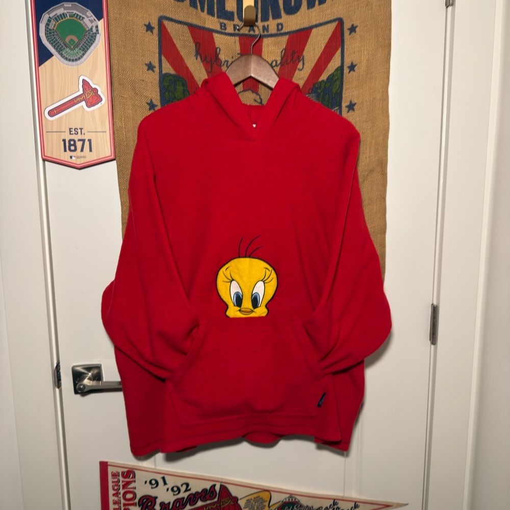 Y2K Looney Tunes Red Embroidered Tweety Bird Pullover Hoodie (3XL)